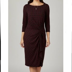 Ralph Lauren Red Black Geometric 3/4 Sleeve Faux Wrap Ruffle Sheath Dress 12‎